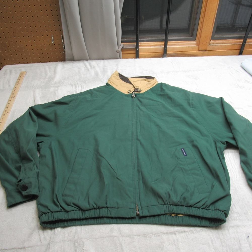 Eddie Bauer Jacket Men XL Green Light Full Zip Pocket Wind Rain Leather Trim VTG